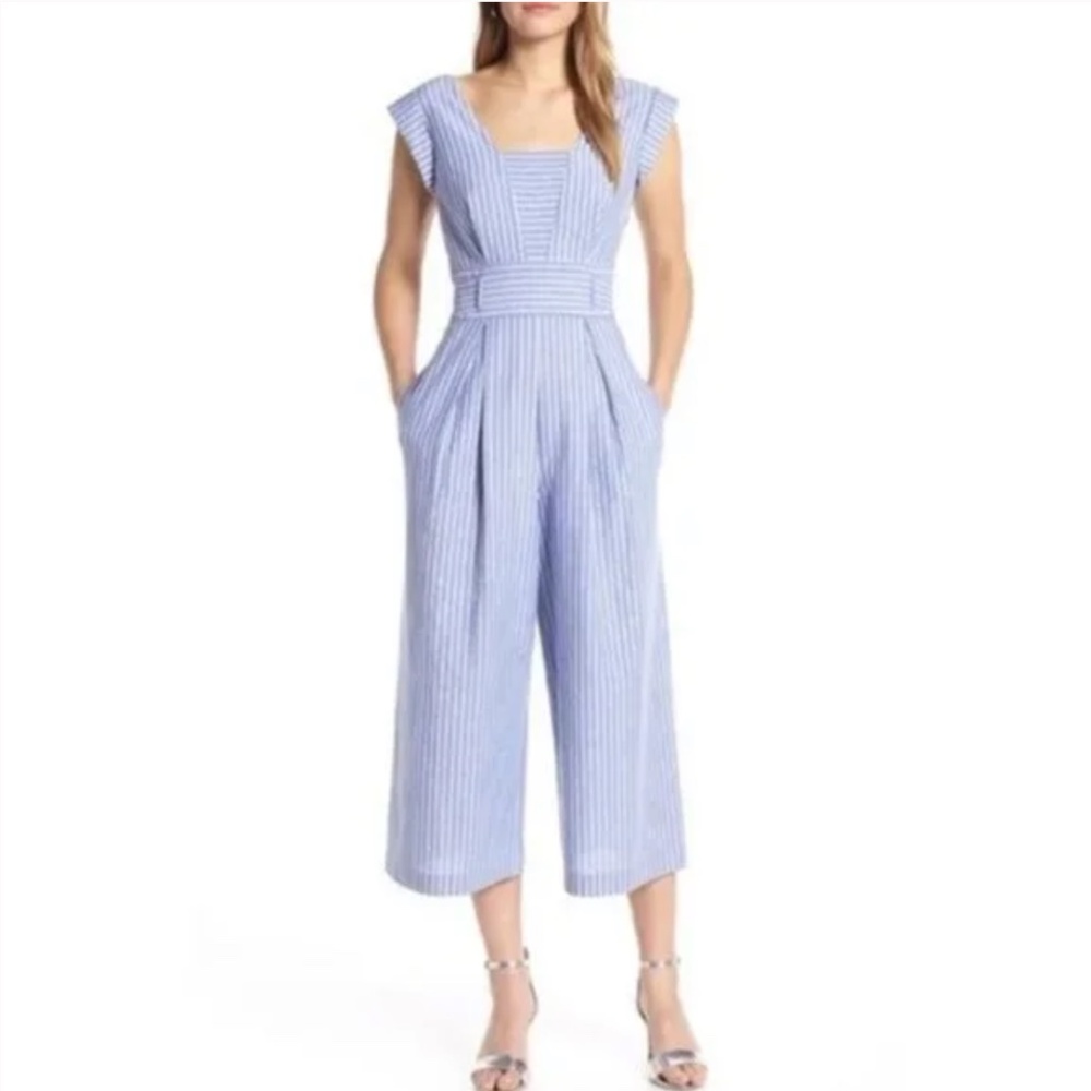 1901 Blue and White Pinstriped Cropped Jumpsuit